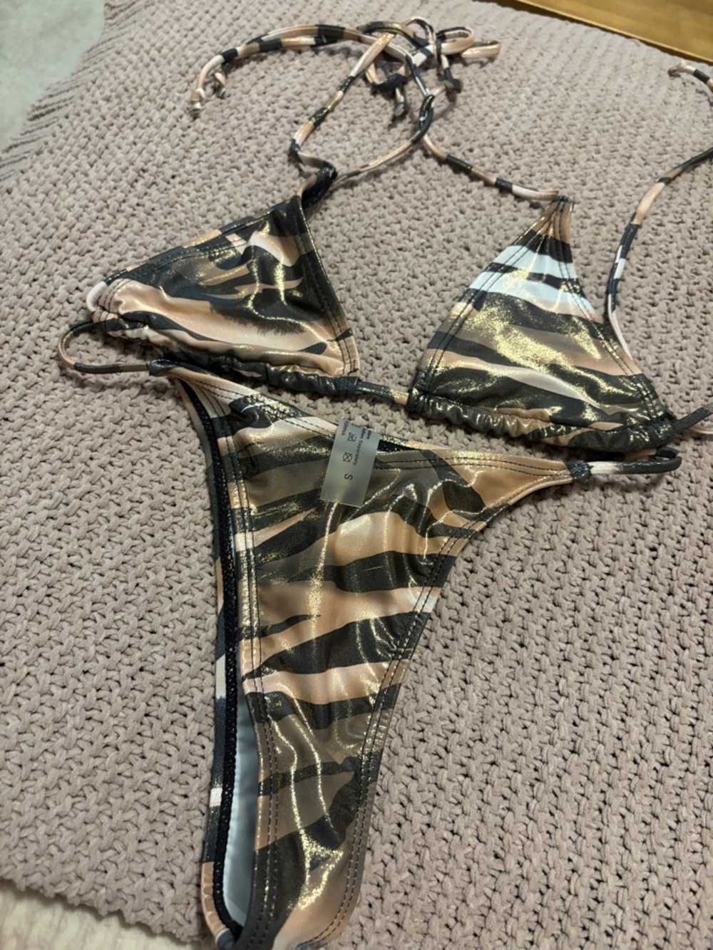 Fashion Nova Metallic Tiger Print Bikini in Black and Gold